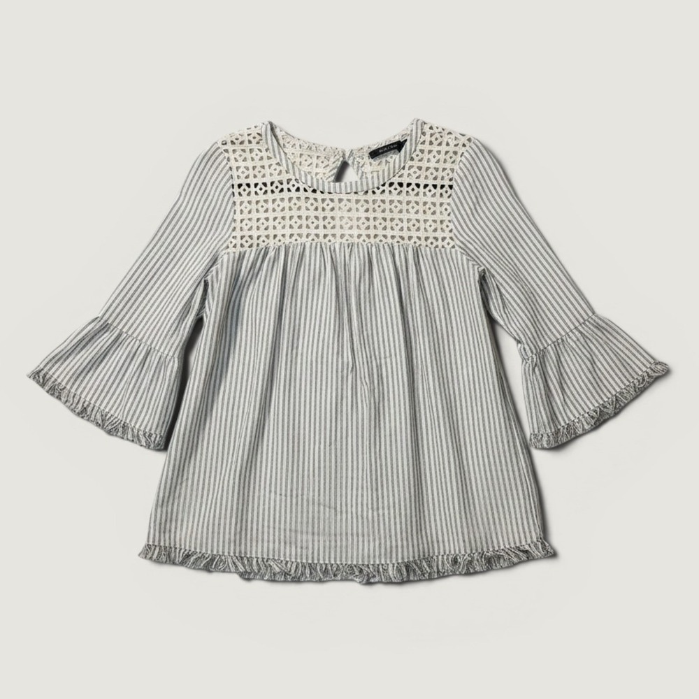 Doe & Rae Stripe Eyelet Blouse Womens Small Blue White Excellent Fringe Boho Top